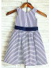Cotton Ivory  Blue Stripes/Navy Bow Flower Girl Dress 